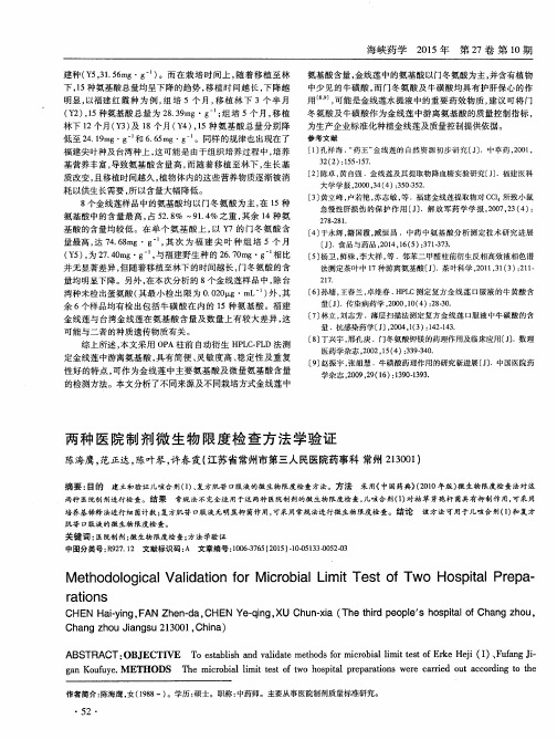 两种医院制剂微生物限度检查方法学验证