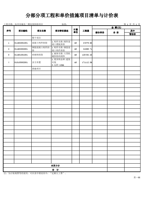 分部分项工程和单价措施项目清单与计价表