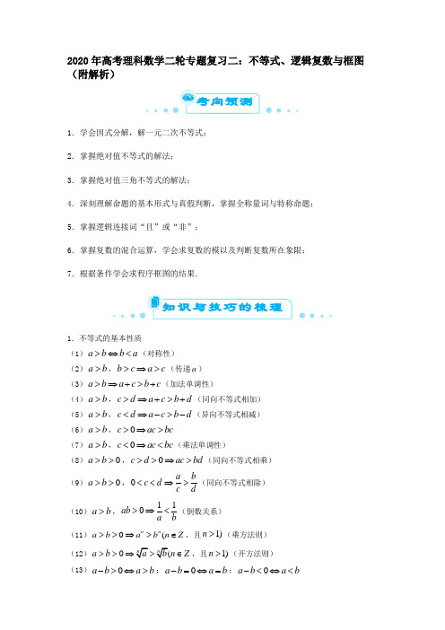 2020年高考理科数学二轮专题复习二：不等式、逻辑复数与框图