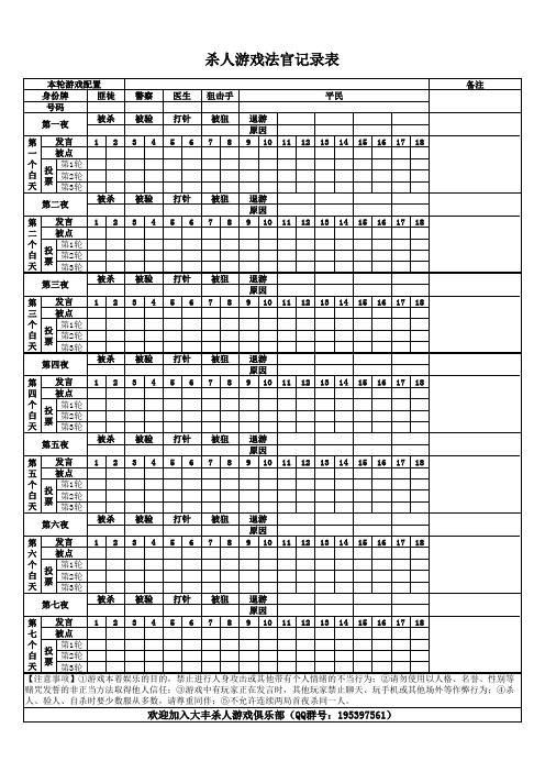 桌游天黑请闭眼杀人游戏法官记录表