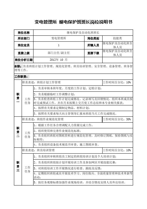 继电保护及自动化班各岗位说明书2012