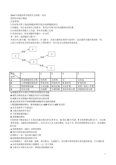 2016年北京高考理综试题word整理打印版.doc