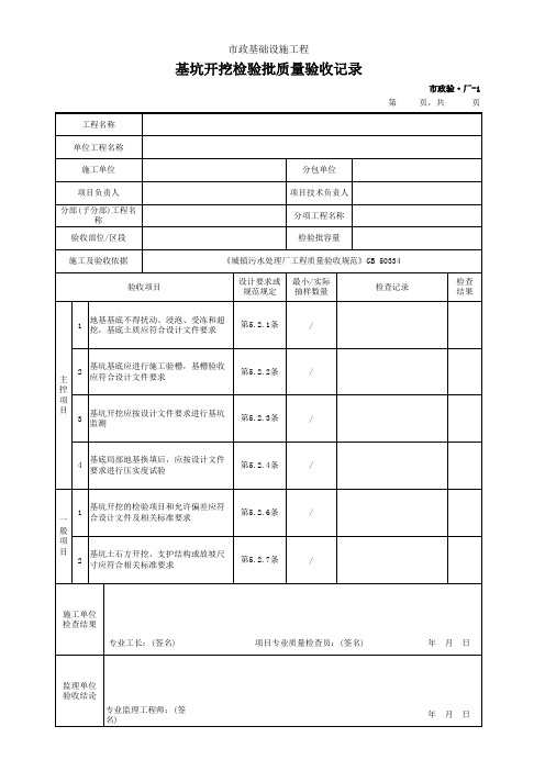 市政验·厂-1 基坑开挖检验批质量验收记录