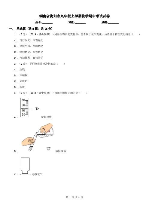 湖南省衡阳市九年级上学期化学期中考试试卷 