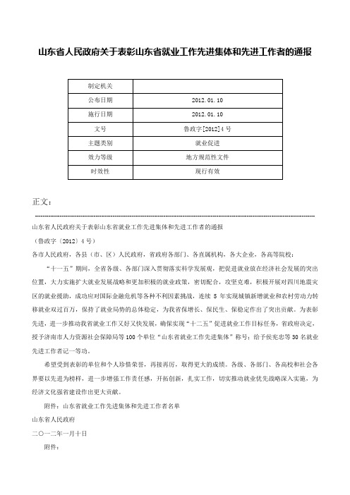 山东省人民政府关于表彰山东省就业工作先进集体和先进工作者的通报-鲁政字[2012]4号