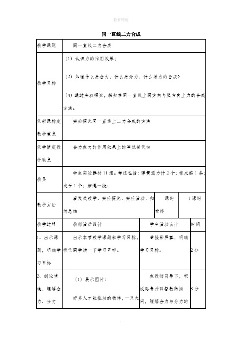 北师大版物理八年级下册 7.4《同一直线上二力的合成》参考教案1