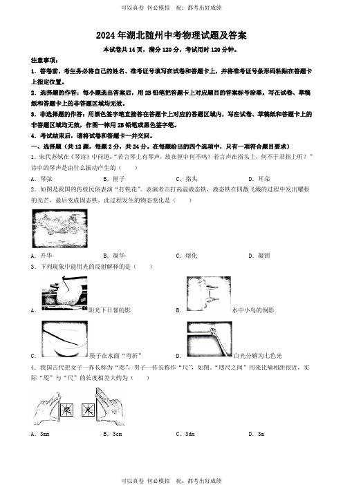 2024年湖北随州中考物理试题及答案