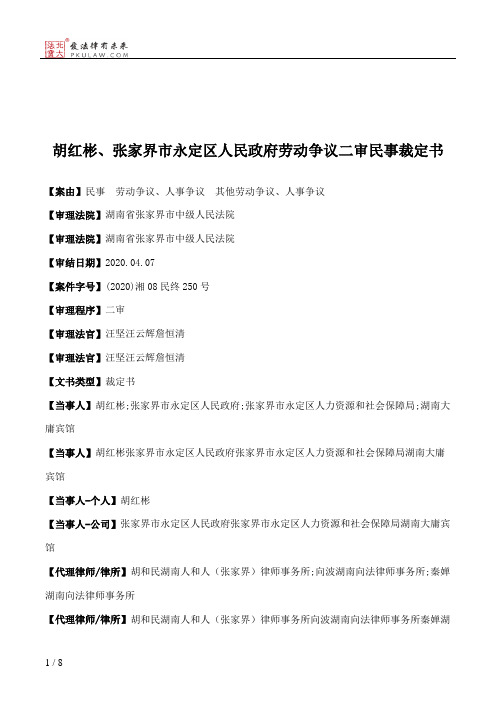 胡红彬、张家界市永定区人民政府劳动争议二审民事裁定书