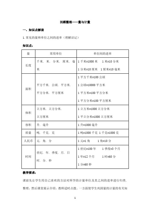 青岛版小学(六三制)数学六年级下册《量与计量》知识点及典型题目训练试题(含答案)