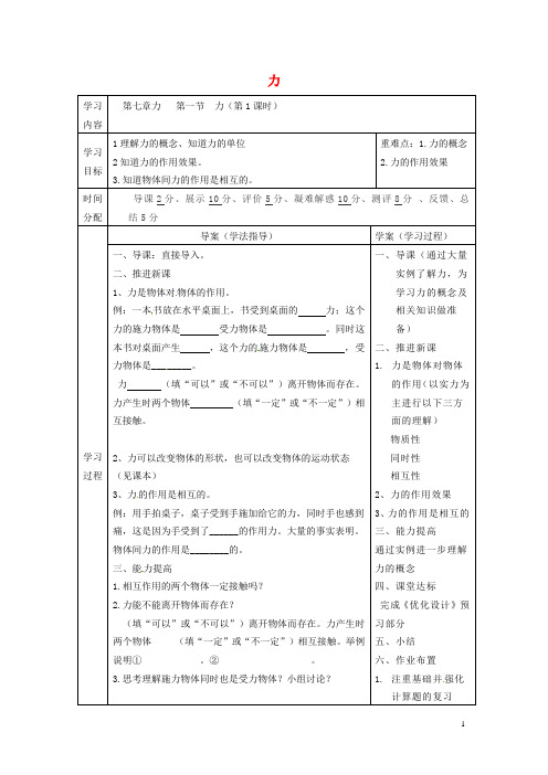 【复习必备】2019八年级物理下册 7.1 力导学案1(无答案)(新版)新人教版