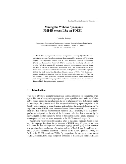 Lecture Notes in Computer Science 1 Mining the Web for Synonyms PMI-IR versus LSA on TOEFL