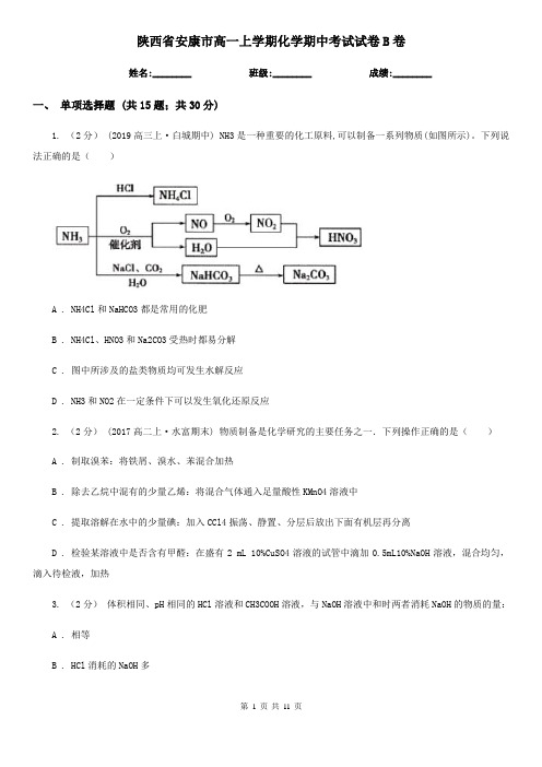 陕西省安康市高一上学期化学期中考试试卷B卷