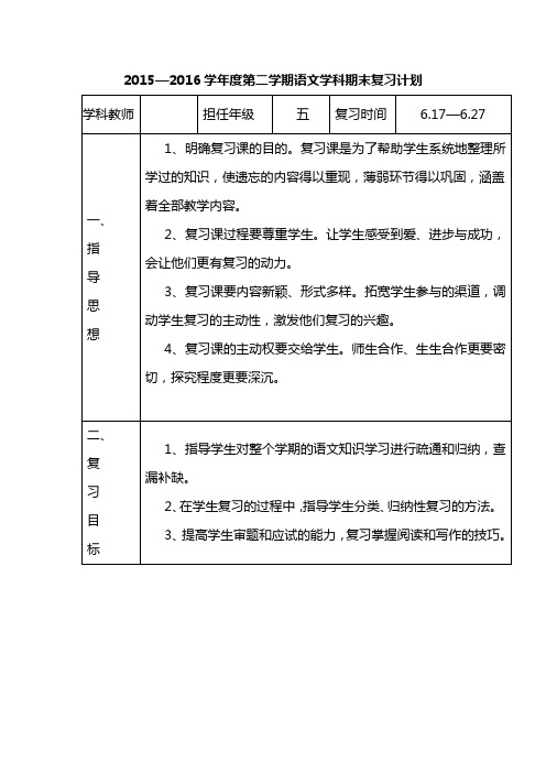 2015—2016学年度第二学期语文学科期末复习计划