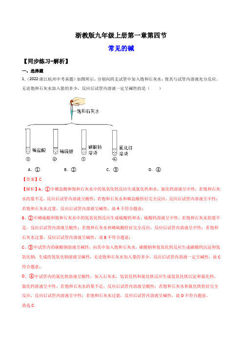 1-4常见的碱(练习)-2023-2024学年九年级科学上册讲练课堂(浙教版)