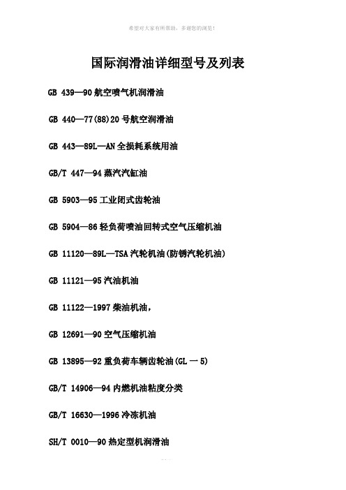 国际润滑油详细型号及列表