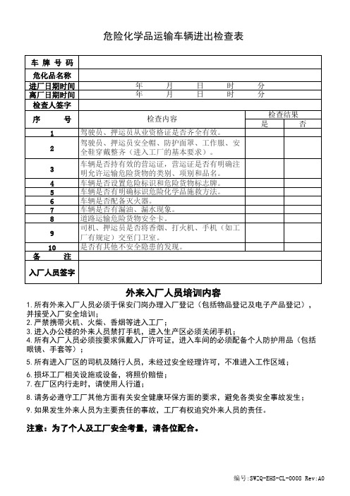 危险化学品运输车辆进出检查表