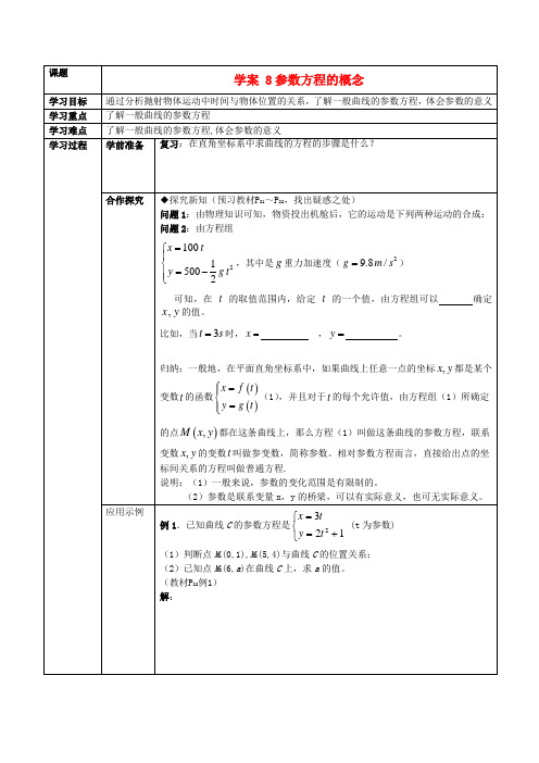 吉林省东北师范大学附属中学2020高中数学 4.4.8参数方程的概念学案(无答案)新人教版选修4