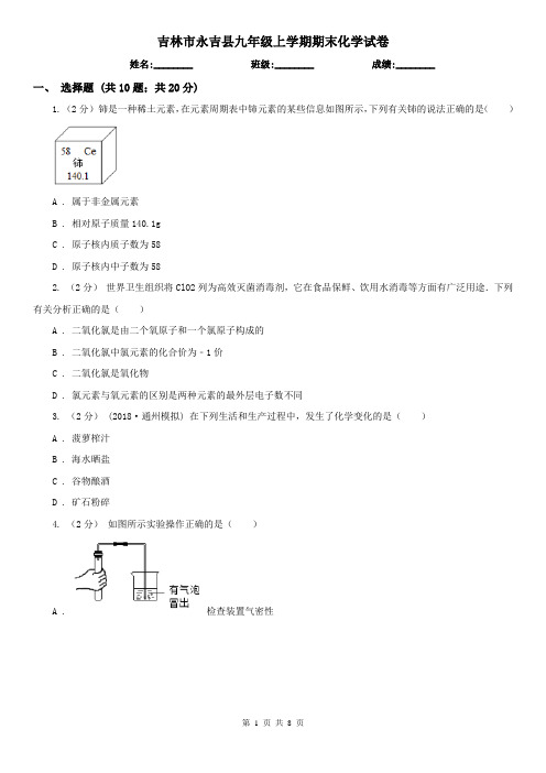 吉林市永吉县九年级上学期期末化学试卷