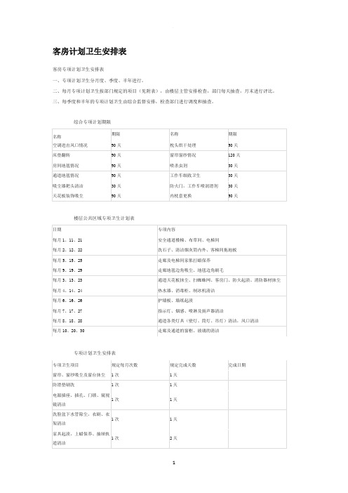 客房计划卫生安排表