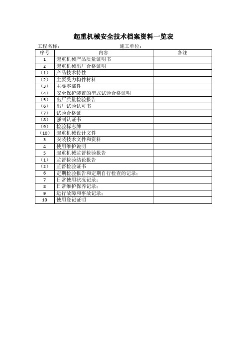 起重机械档案资料一览表