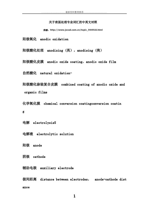 表面处理专业词汇的中英文对照