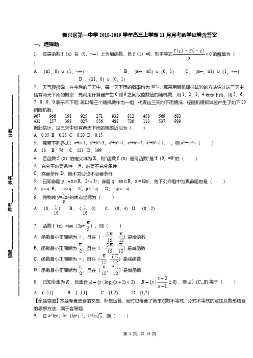 新兴区第一中学2018-2019学年高三上学期11月月考数学试卷含答案