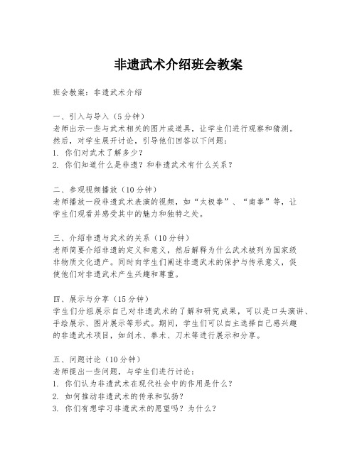 非遗武术介绍班会教案