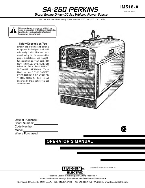 SA-250 PERKINS 柴油引擎驱动 DC 电缆焊电源操作者手册说明书