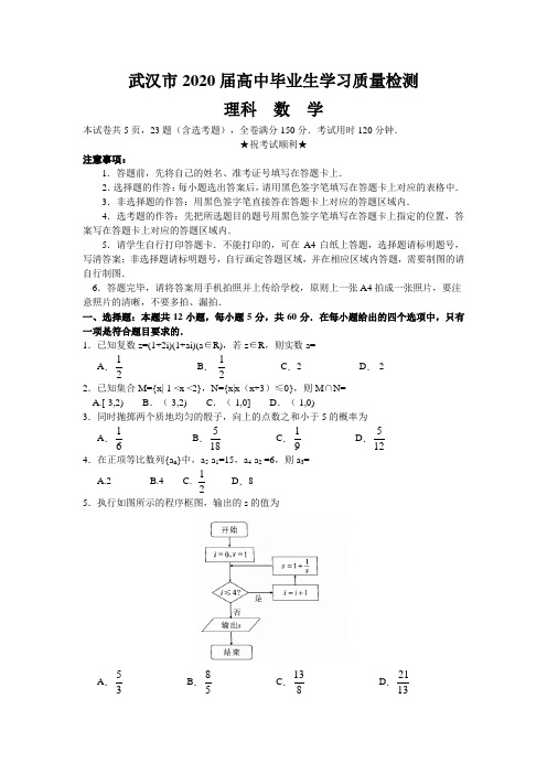 湖北省武汉市2020届高中毕业生学习质量检测理科数学试题