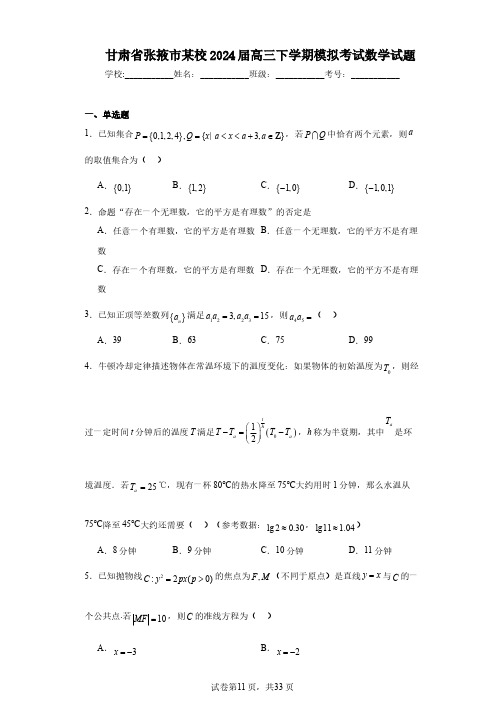 甘肃省张掖市某校2024届高三下学期模拟考试数学试题