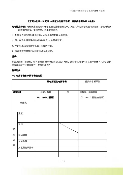 北京高中化学一轮复习 水溶液中的离子平衡 重要的平衡体系(学案)