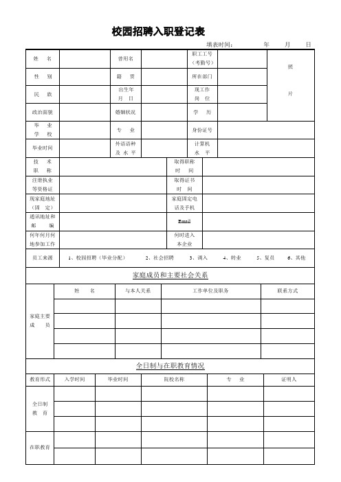 校园招聘入职登记表