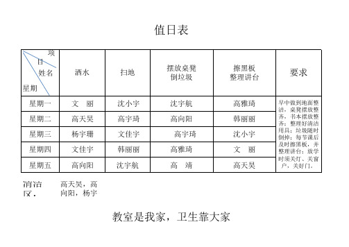 三年级卫生值日表