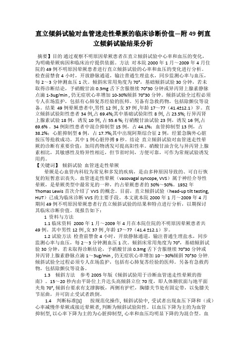 直立倾斜试验对血管迷走性晕厥的临床诊断价值—附49例直立倾斜试验结果分析