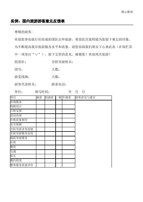 国内旅游游客意见反馈表格模板