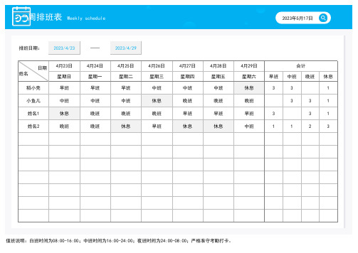 一周排版表(早中晚三班可调)