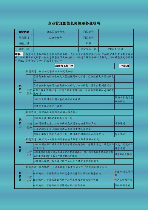 企业管理部部长岗位职务说明书