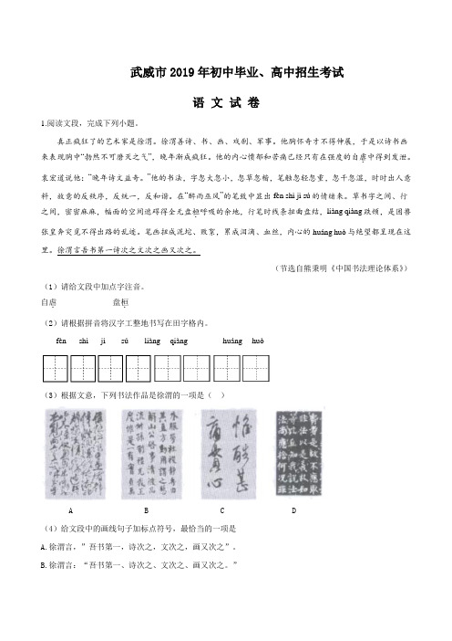 甘肃省武威市、白银市、定西市、平凉市、酒泉市、临夏州、张掖市、陇南市、庆阳市2019年中考语文试题及解析