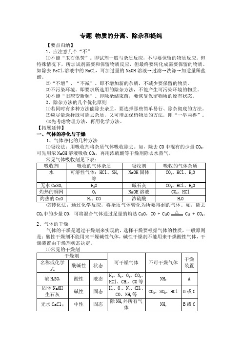 九年级化学《物质的分离、除杂和提纯》  专题复习及答案