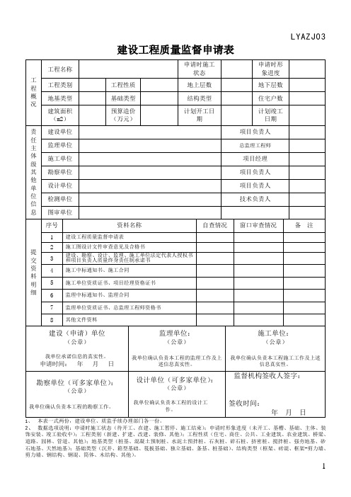 建设工程质量安全监督申请资料表格