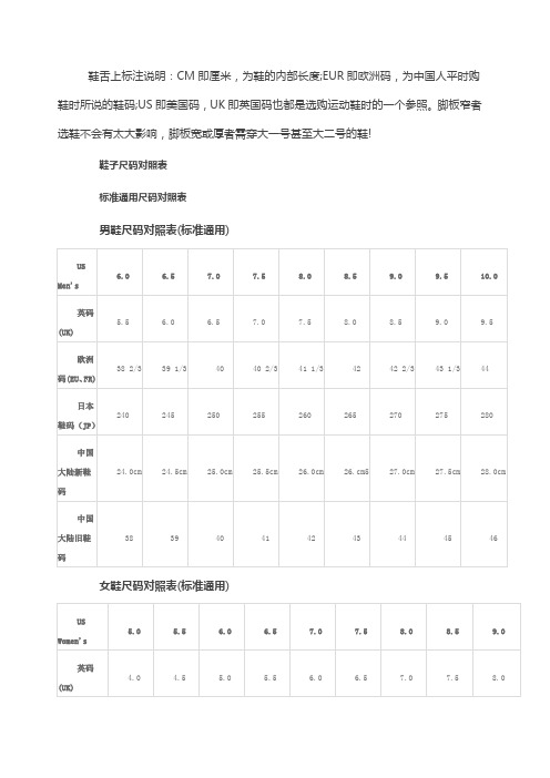 国际鞋尺码对照表