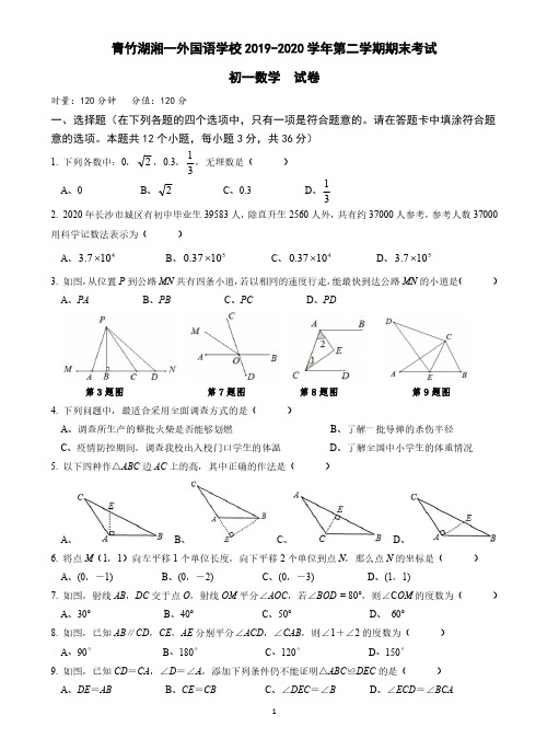 湖南省长沙市青竹湖湘一外国语学校2019-2020学年第二学期期末考试 初一数学 试卷