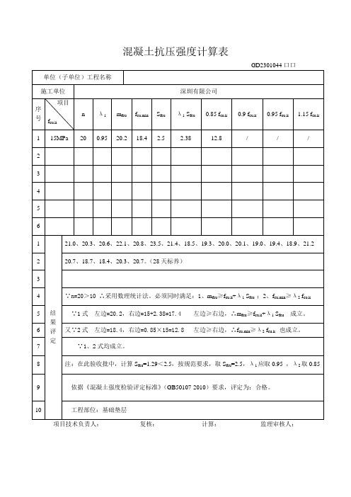 混凝土抗压强度计算表