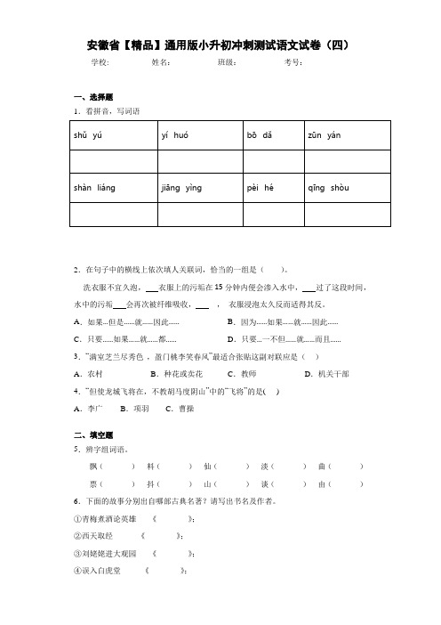 小学安徽省通用版小升初冲刺测试语文试卷(四)(含答案解析)