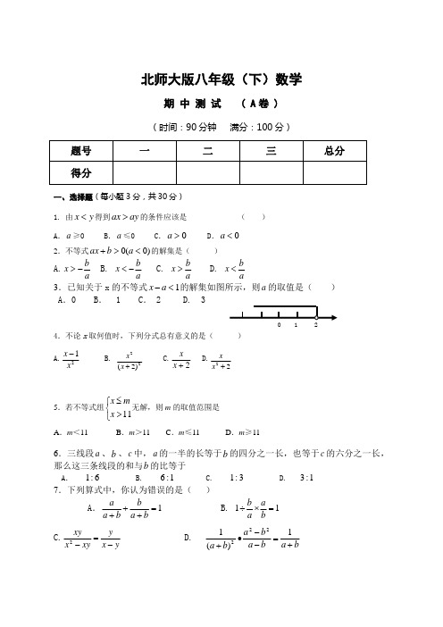 八年级下学期期中测试(A、B)卷