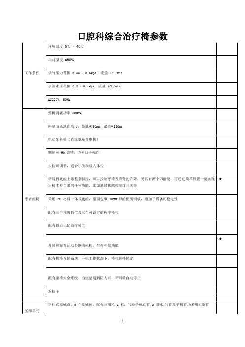 口腔科综合治疗椅参数