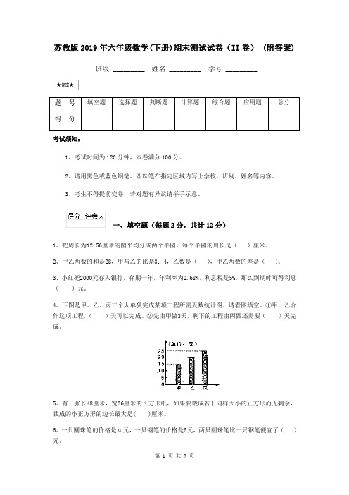 苏教版2019年六年级数学(下册)期末测试试卷(II卷) (附答案)