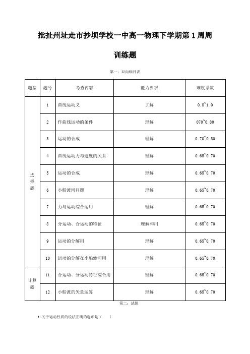 抄坝学校高一物理下学期第1周周训练题高一全册物理试题