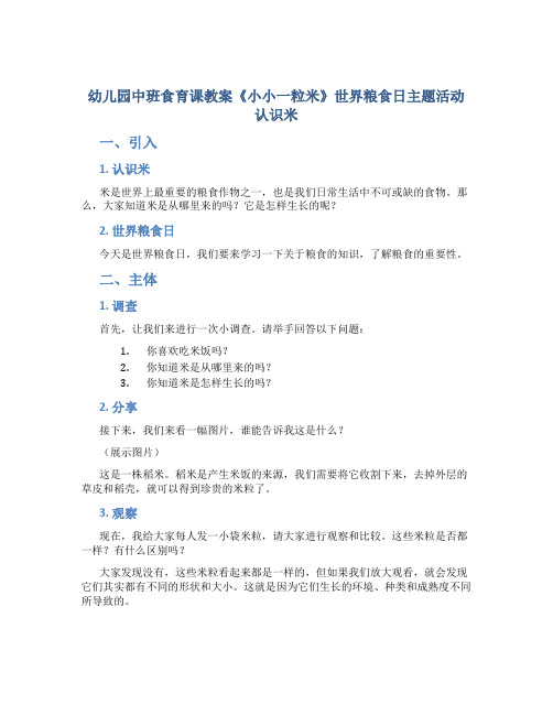 幼儿园中班食育课教案《小小一粒米》世界粮食日主题活动认识米六篇