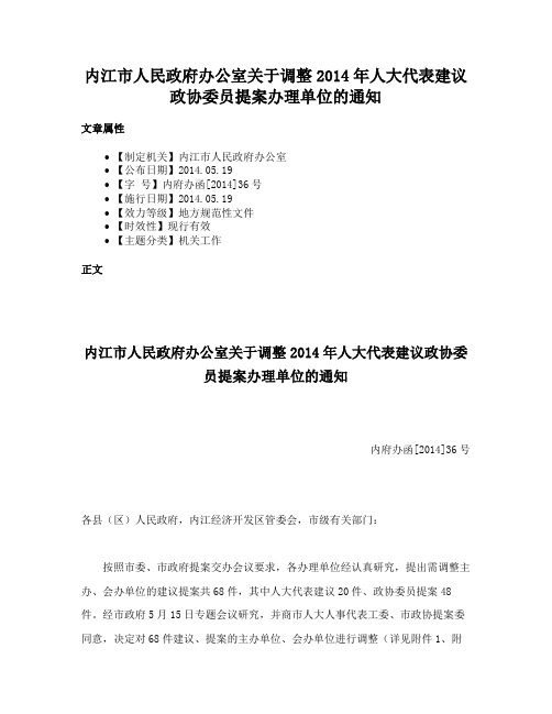 内江市人民政府办公室关于调整2014年人大代表建议政协委员提案办理单位的通知